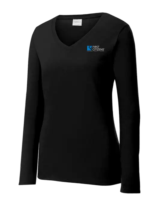 Womens V-Neck Ring Spun Jet Black 4.5 oz Long Sleeve T-Shirt w/First Citizens' Logo