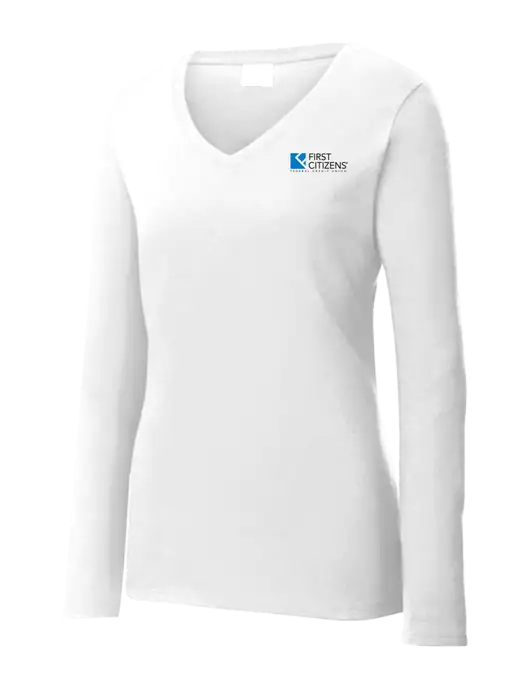 Womens  V-Neck Ring Spun White 4.5 oz Long Sleeve T-Shirt w/First Citizens' Logo