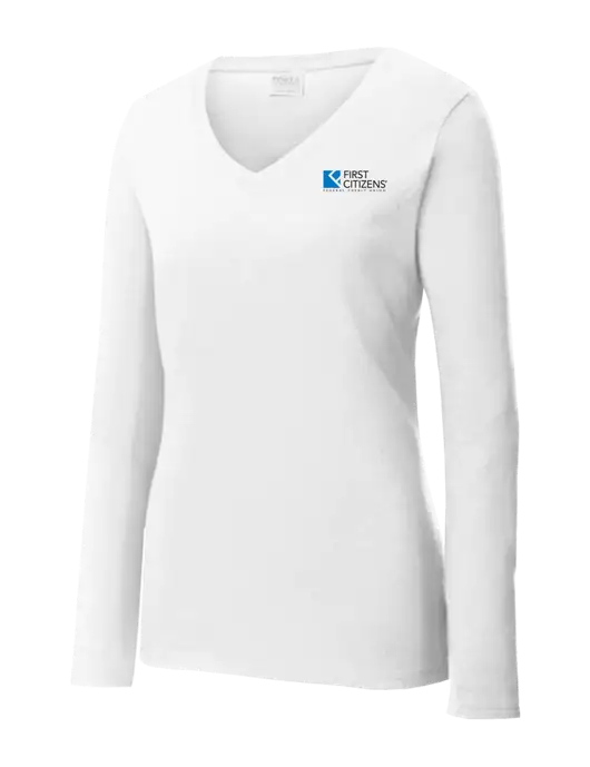 Womens  V-Neck Ring Spun White 4.5 oz Long Sleeve T-Shirt w/First Citizens' Logo