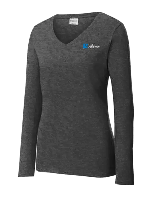 Womens  V-Neck Ring Spun Dark Heather Grey 4.5 oz Long Sleeve T-Shirt w/First Citizens' Logo