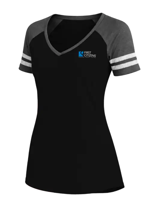 Womens Black/Charcoal Heather V-Neck Game Tee w/First Citizens' Logo