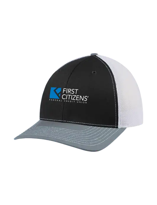 Richardson Adjustable Snapback Original 112 Trucker Cap Black/Light Heather Grey/White Mesh w/First Citizens' Logo