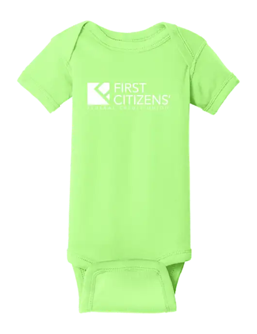 Rabbit Skins Neon Green Infant Short Sleeve Baby Rib Bodysuit w/First Citizens' Logo