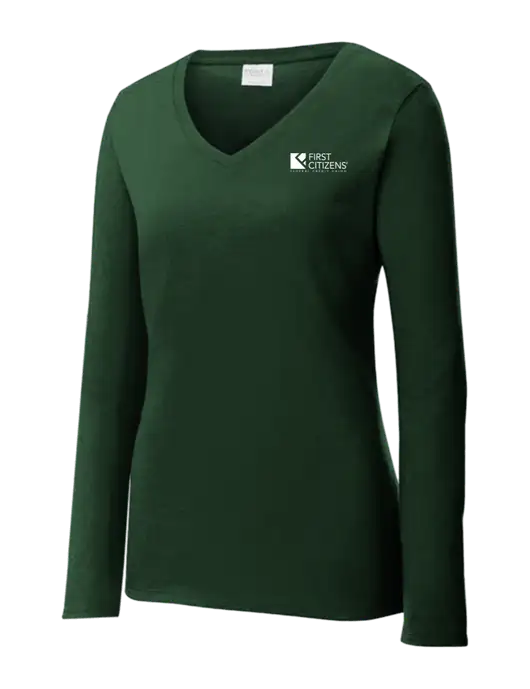 Womens  V-Neck Ring Spun Forest Green 4.5 oz Long Sleeve T-Shirt w/First Citizens' Logo