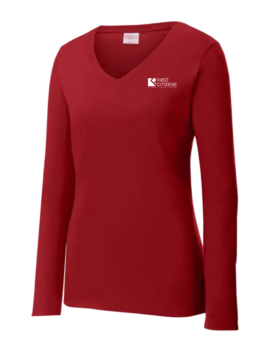 Womens V-Neck Ring Spun Cardinal 4.5 oz Long Sleeve T-Shirt w/First Citizens' Logo