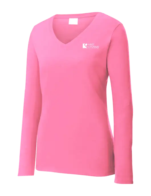 Womens  V-Neck Ring Spun Pink 4.5 oz Long Sleeve T-Shirt w/First Citizens' Logo