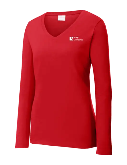 Womens  V-Neck Ring Spun Bright Red 4.5 oz Long Sleeve T-Shirt w/First Citizens' Logo