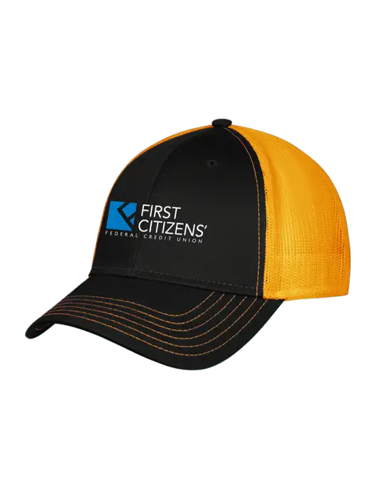 Black/Black/Gold Mesh Gold Stitching on Bill Trucker Cap Snap Back

 w/First Citizens' Logo