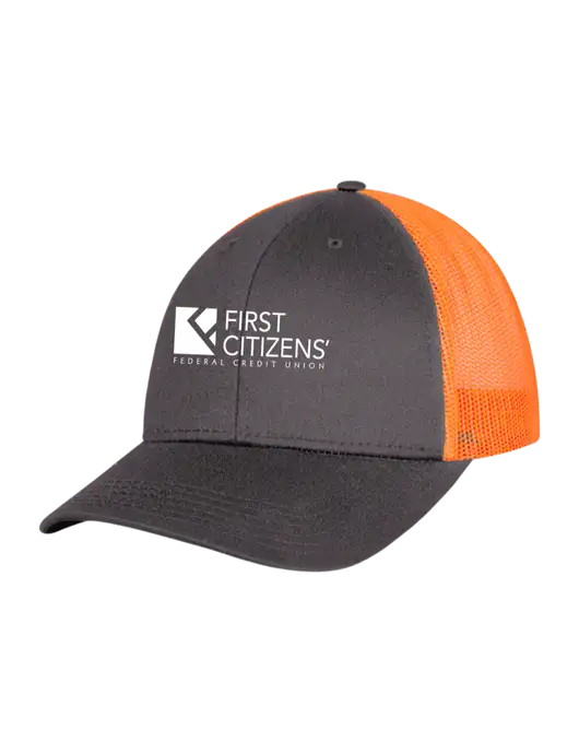 Neon Orange/Charcoal Mesh Trucker Cap Snap Back w/First Citizens' Logo